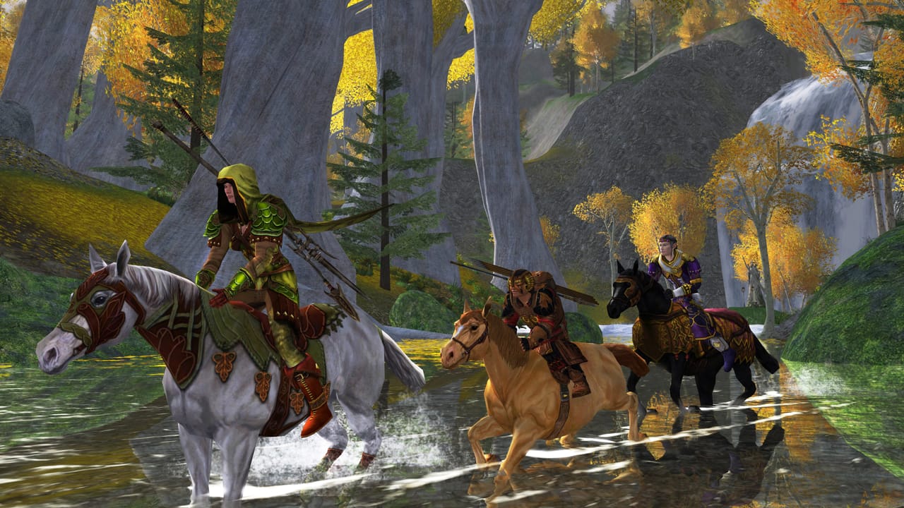 Best MMORPG games: Lord of the Rings Online. Image shows several people riding on horseback along a river.