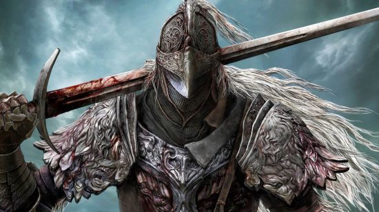 Best RPG games: a heavily armored soldier from Elden Ring carrying a sword over their back.