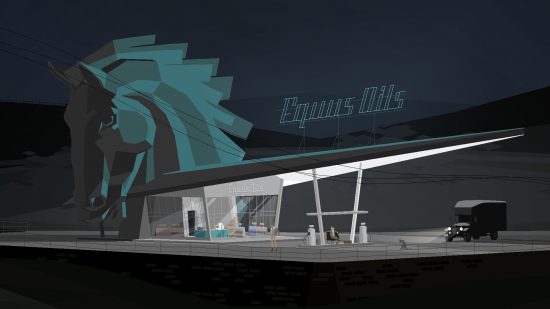 Best story games - a van is parked outside of a gas station with a horse logo on top in Kentucky Route Zero.