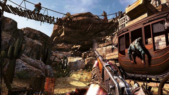 Several bandits aim down at the player in western games Call of Juarez Gunslinger