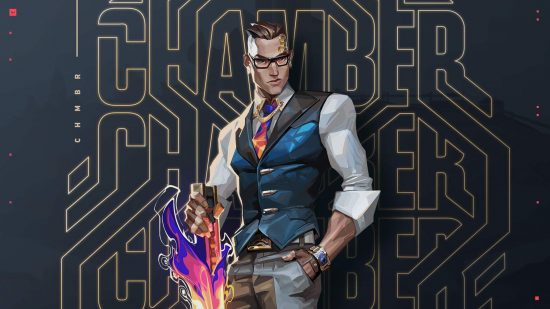 Valorant tier list: Chamber, a b-tier agent, has one hand in the pocket of his tailored trousers, the other holding a flaming, glowing weapon.