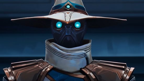 Valorant tier list: a close up of Cypher, a b-tier agent, whose eyes glow bright blue under the rim of his cybernetic hat.