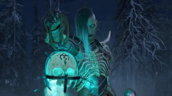 A DBD Necromancer, the best D4 class, holds a glowing skull in front of them, as their eyes glow green-blue like the skull.