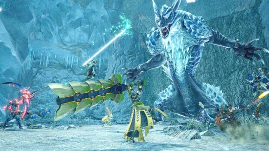 Monster Hunter Rise Sunbreak tier list: several hunters fighting against the Lunagaron - an ice wolf creature.