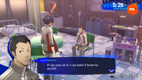 Persona 3 Reload review: the protagonist is visiting a track teammate who is injured.