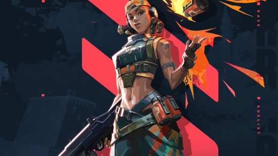 Vaorant tier list: Raze, an a-tier agent, stands with her shoulders back in a powerful pose, holding a gun in one hand and wielding a grenade in the other.