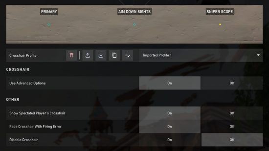 TenZ's valorant crosshairs in the settings menu, under a new imported profile, two are cyan, and the sniper crosshair is a yellow dot.